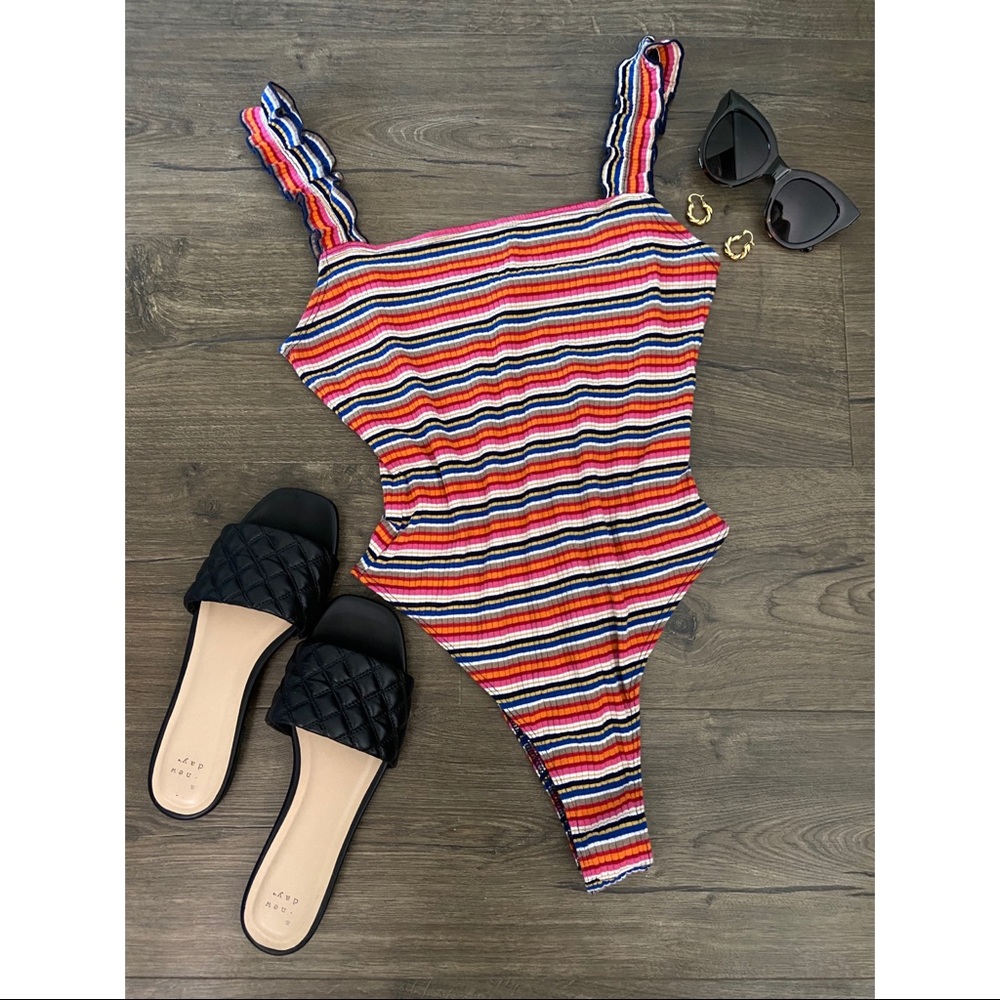 Lush Top l Ruffle Strap Rib Knit Bodysuit